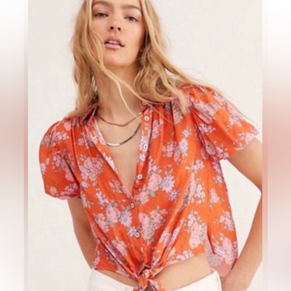 FREE PEOPLE Celia  floral tie shirt sz S - Picture 2 of 9